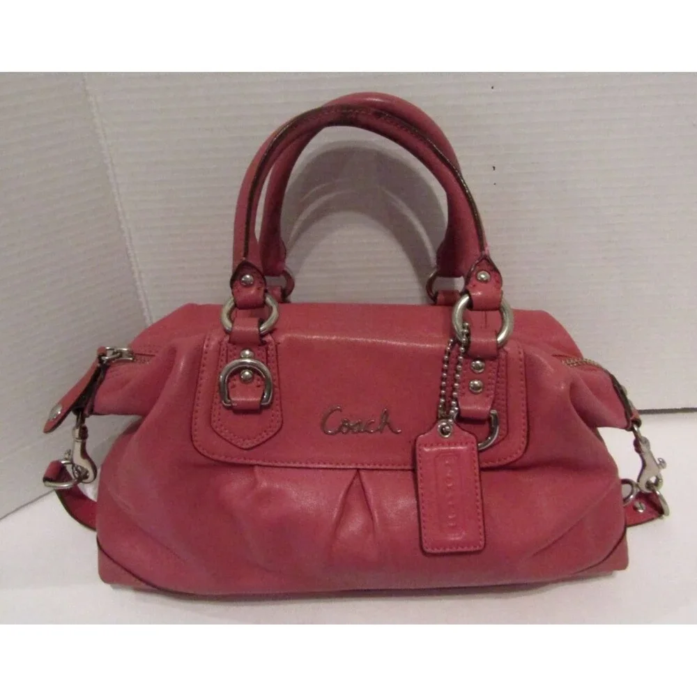 Coach Ashley Coral Pink Leather Satchel Pleated Silver Hardware Hobo Bag